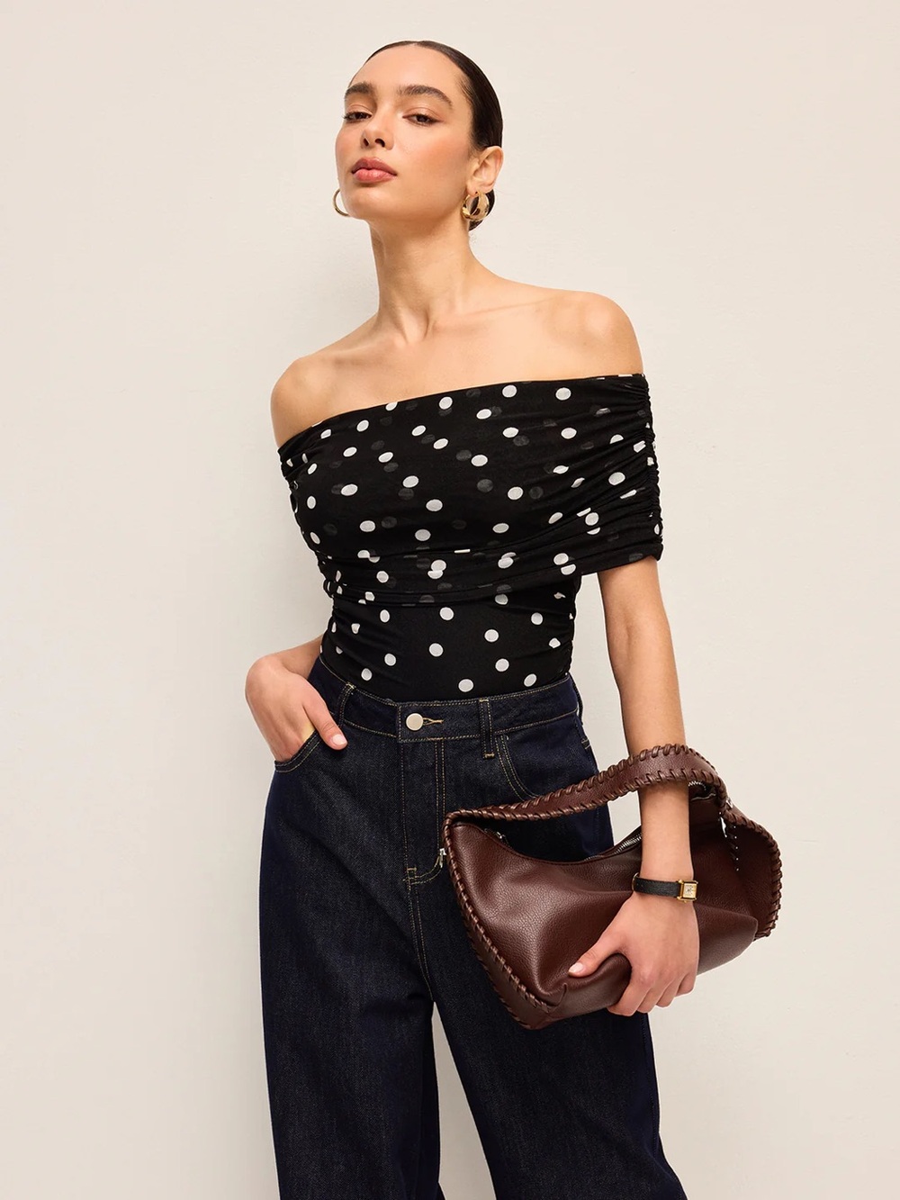 COMMENSE Polka Dot Off-Shoulder Bodysuit - size Medium